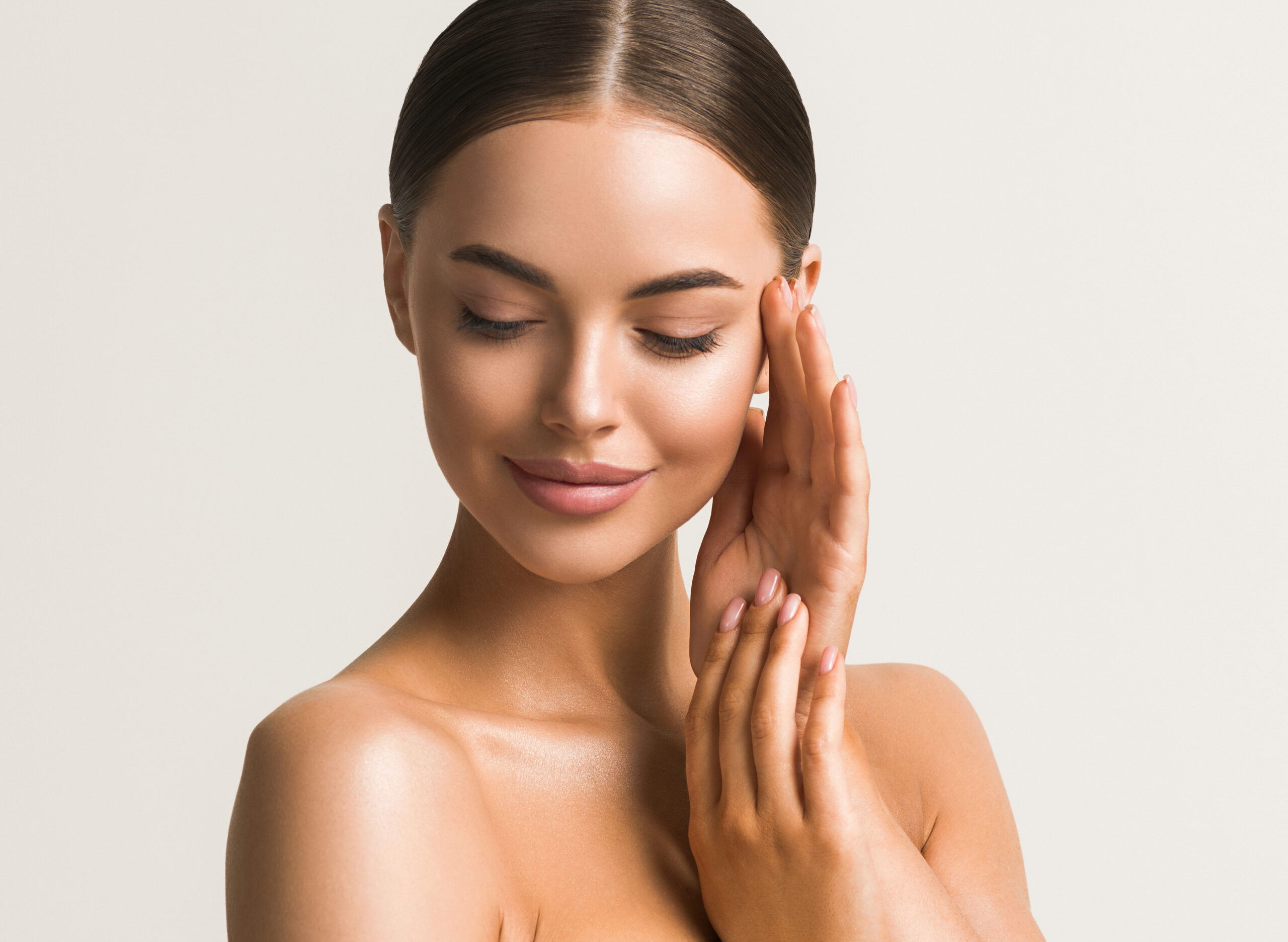 Feamale Cosmetic Clean Skin Beauty portrait with hands